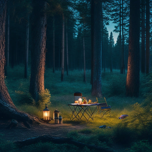 A serene forest campsite at dusk with a portable, collapsible dining table and chairs, surrounded by lanterns, a picnic basket, and a few adventurous gear, under a starry sky.