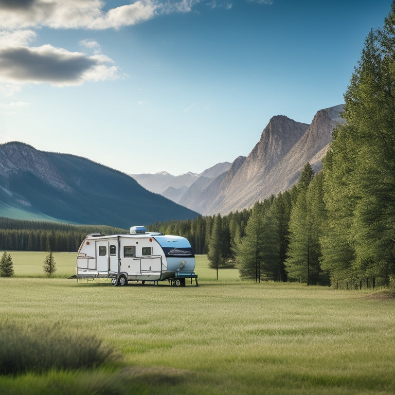 A serene landscape featuring a Heartland RV parked in a lush green meadow surrounded by towering trees, with a faint misty mountain range in the background.