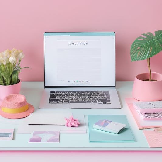 A minimalist, pastel-colored illustration featuring a laptop on a clutter-free desk, surrounded by scattered printables, such as customizable planners, art prints, and stickers, with a subtle Etsy logo in the background.