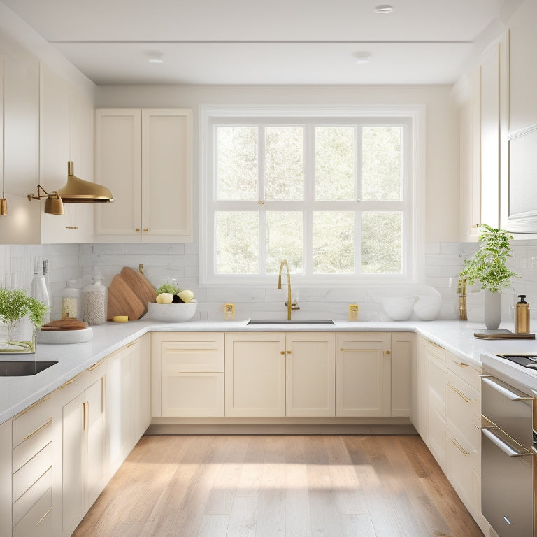 A minimalist, modern kitchen with sleek white cabinets, adorned with brass round knobs and linear pulls, set against a backdrop of warm, honey-toned hardwood flooring and soft, natural light.