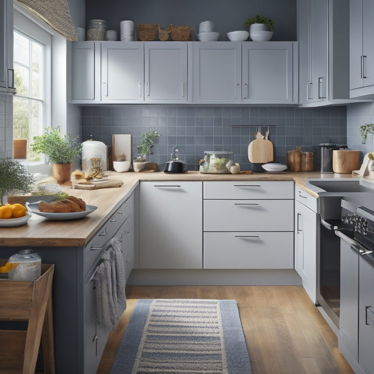 A tidy, modern kitchen with a small footprint, featuring a compact island, sleek cabinets, and a few strategically placed baskets, with a smartphone on the countertop, open to a kitchen organization app.