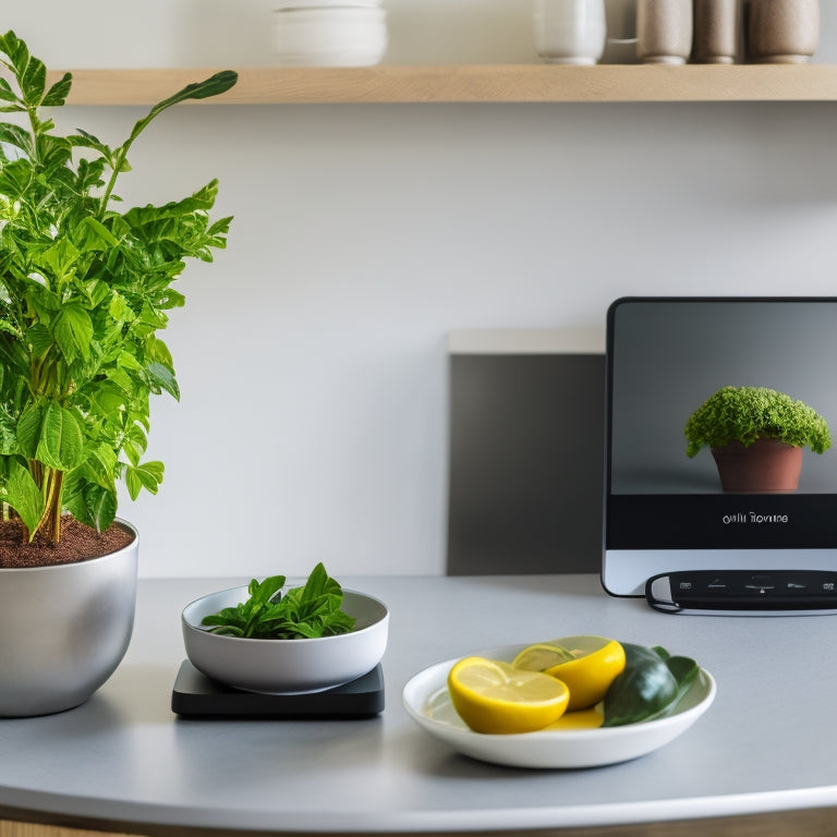 A minimalist kitchen counter with a sleek tablet, a wireless charging pad, and a small, modern kitchen scale, surrounded by a few, carefully selected, organized cookbooks and a small potted herb plant.