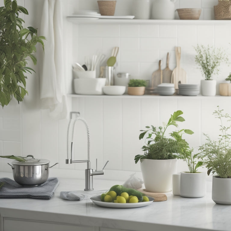 A serene kitchen with minimal decor, featuring a sleek white countertop, a few neatly arranged cookbooks, a small potted herb plant, and a utensil holder with only a few essential tools.