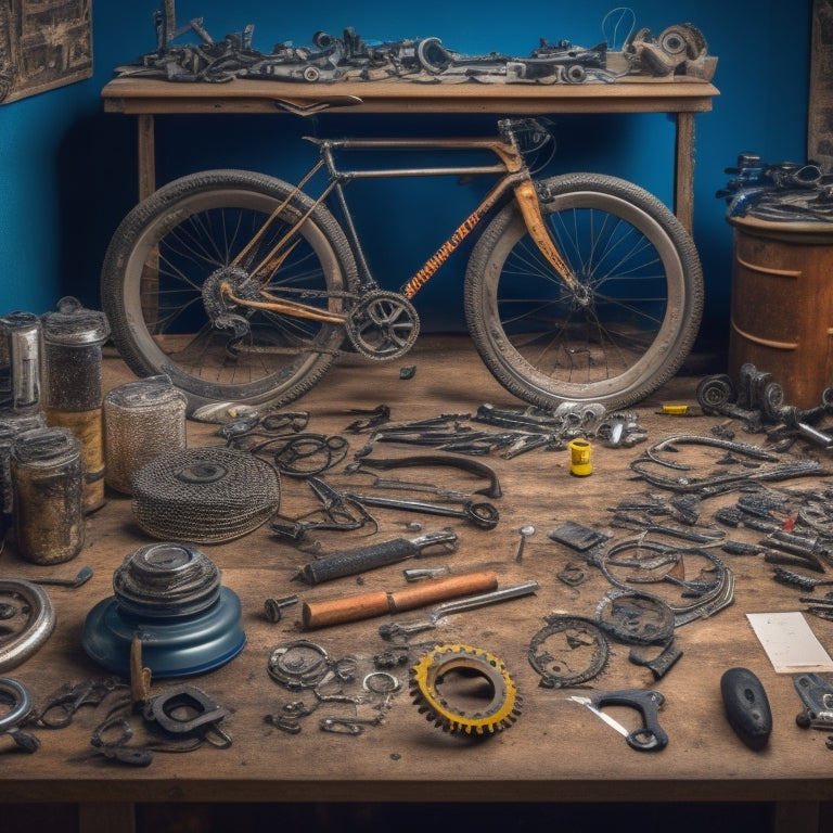 A cluttered workshop table with various bicycle parts, tools, and repair guides scattered around a central, partially disassembled bike, with a few wheels and gears visible.