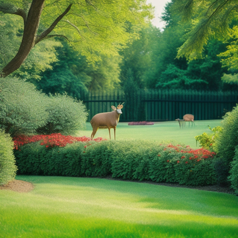 A serene garden scene: a lush, green cedar hedge surrounds a tranquil lawn, with a sturdy deer fence in the background, adorned with climbing vines and a few ripe, red berries.