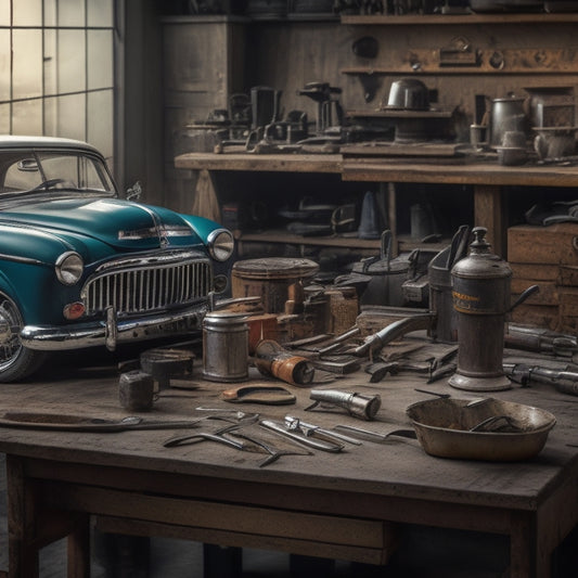 A cluttered workbench with a vintage car in the background, surrounded by scattered tools, a Haynes manual open to a diagram page, and a cup of coffee with a few wrenches and bolts nearby.