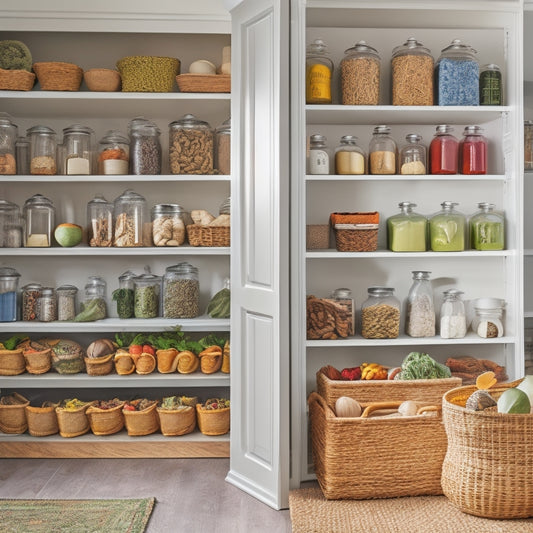 A bright, airy pantry with customizable shelves, woven baskets, and clear glass containers, featuring a mix of fresh produce, artisanal jars, and gourmet spices, with a few decorative vases and potted herbs.