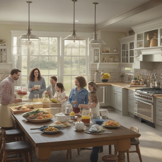 A bustling kitchen scene with a large island, creamy white cabinets, and warm hardwood floors, featuring a family of six gathered around a sprawling breakfast bar, surrounded by utensils and cookbooks.