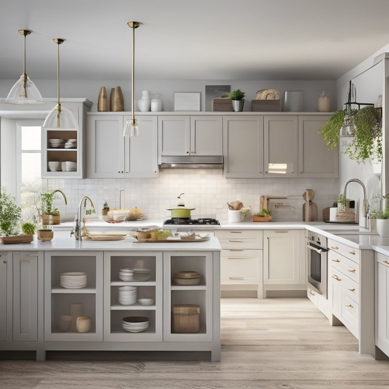 A sleek, modern small kitchen with a compact island, pendant lights, and a neutral color palette, showcasing a mix of open shelves, cabinets, and pull-out drawers with organized cookware and utensils.