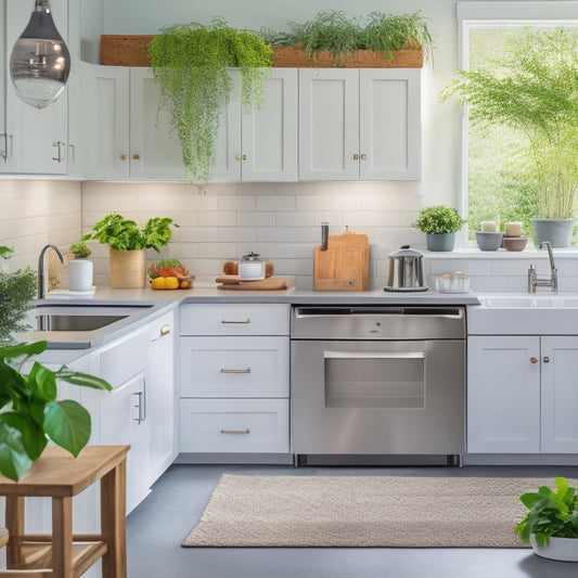 A bright, modern kitchen with sleek white cabinets, organized utensil drawers, and a clutter-free island, featuring a stainless steel sink, a built-in coffee maker, and a few healthy green plants.