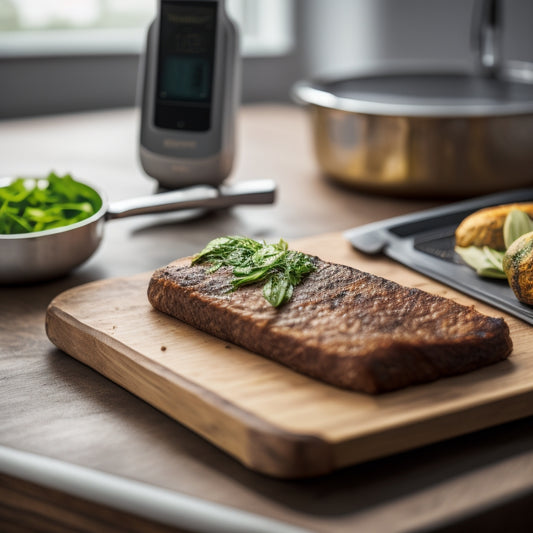 A sleek, silver Thermapen ONE thermometer lies on a rustic wooden cutting board, surrounded by sizzling meat and fresh herbs, with a blurred kitchen background and warm, golden lighting.