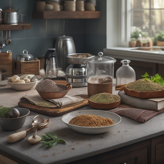 A cluttered kitchen counter with a half-open cookbook, crumpled recipe papers, and a jumble of utensils, surrounded by scattered coffee cups, bread crumbs, and a few wilting fresh herbs.