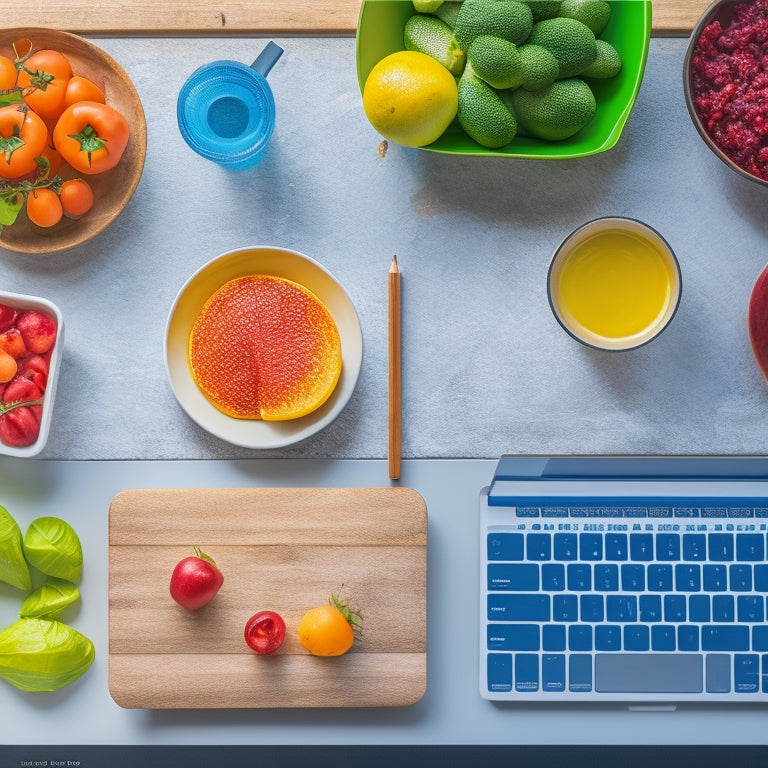 A colorful illustration of a kitchen counter with a laptop, a plate of varied healthy food, and a notebook with a pencil, surrounded by diverse fresh fruits and vegetables, with a subtle grid background.