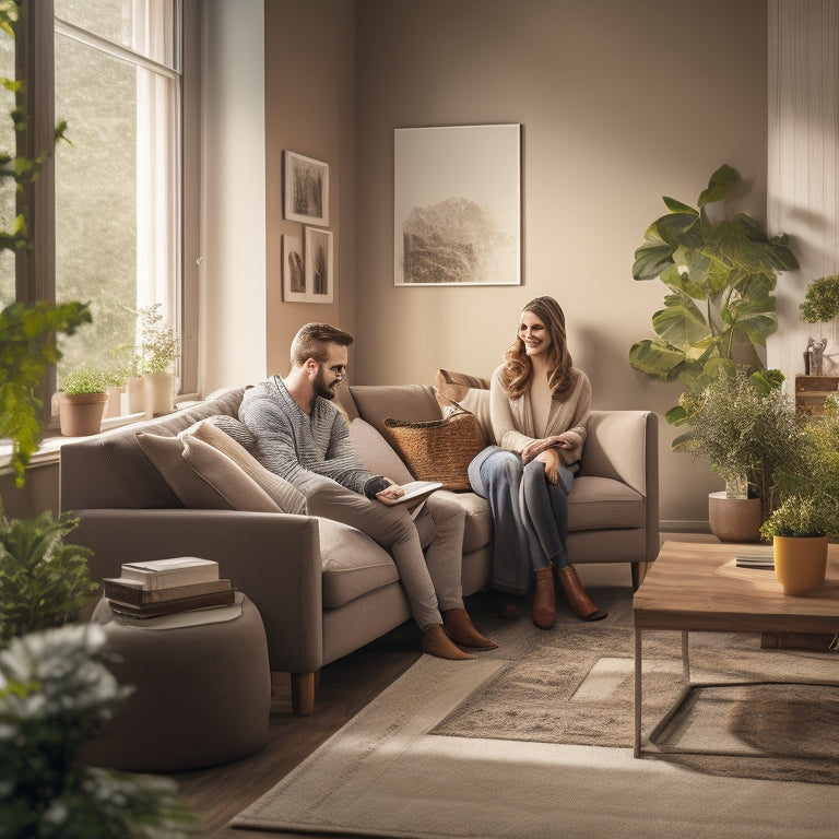 A serene living room with a sold sign on the wall, a calm couple sitting on a couch, surrounded by neatly packed boxes, and a few plants, with soft natural light and a warm color palette.