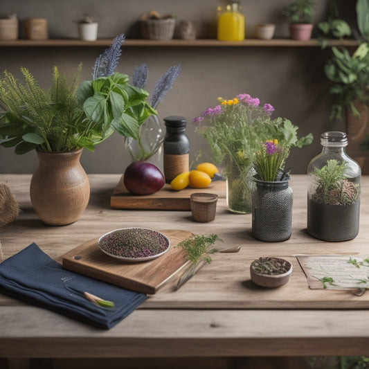 A rustic wooden table with a blank chalkboard surface, adorned with a few fresh herbs and a small potted plant, surrounded by a scattered array of colorful, blank recipe cards and a few pencils.