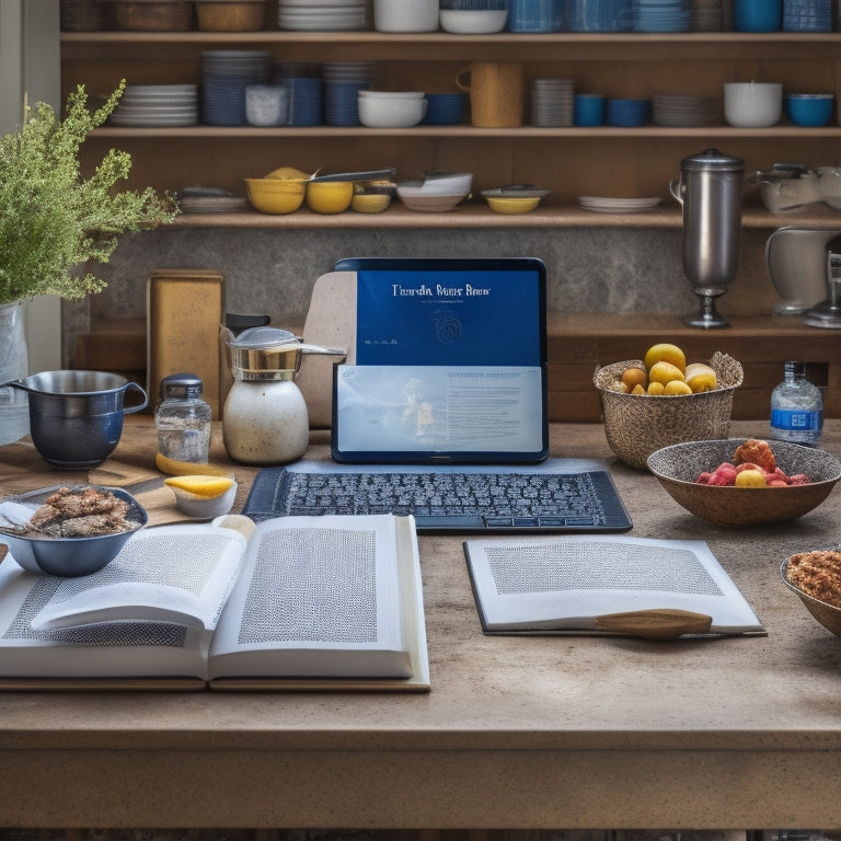 A cluttered kitchen counter with stacks of worn cookbooks, scattered recipe printouts, and a mess of utensils, contrasted with a tidy tablet or e-reader displaying a clean digital cookbook interface.