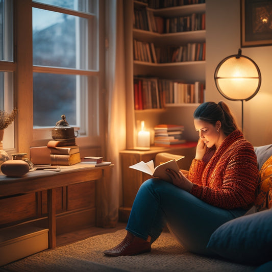 An illustration of a person sitting in a cozy reading nook, surrounded by books and warm lighting, with a glowing e-reader in hand, and a subtle hint of a creative workshop in the background.