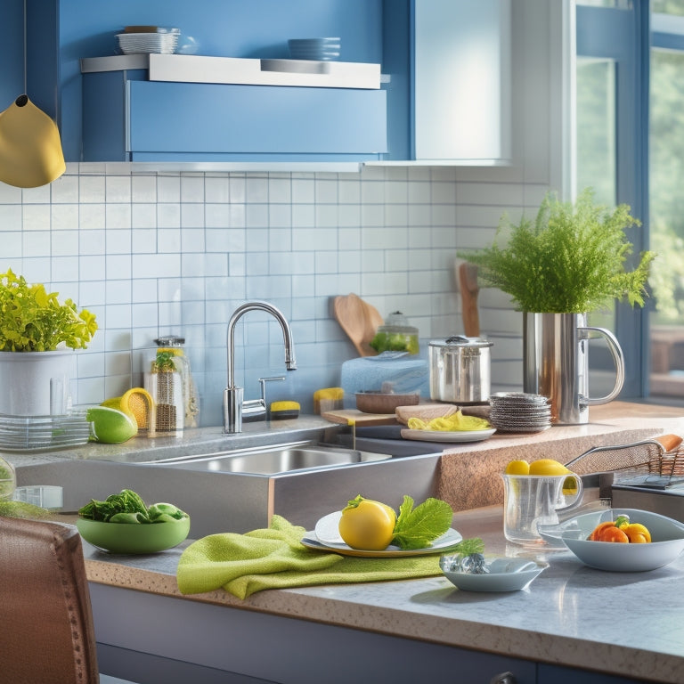 A bright, modern kitchen with sleek countertops, a stainless steel sink, and a few strategically placed utensils, surrounded by subtle hints of organized chaos, with a blurred background cookbook and utensil holder.