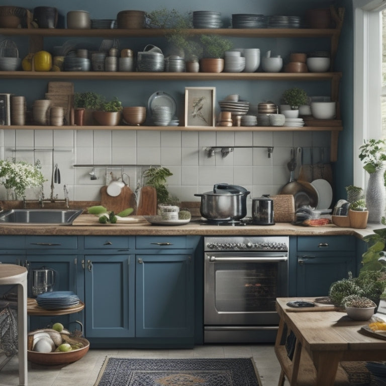 A cluttered small kitchen with piles of dishes, appliances, and cookbooks, contrasted with a sleek, organized version featuring a galley layout, minimal decor, and clever storage solutions.