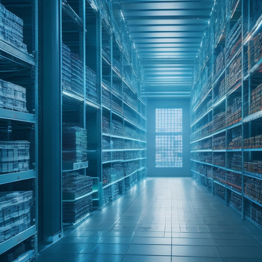 A futuristic warehouse with rows of shelves and robots navigating through aisles, surrounded by holographic screens displaying inventory levels, with a cityscape visible through the transparent roof.