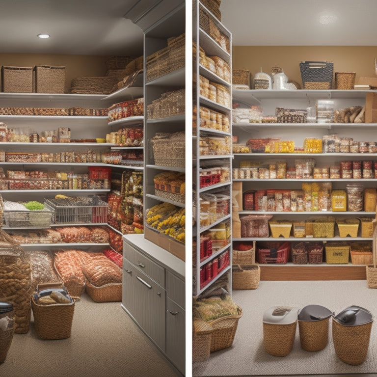 A split-screen image: a cluttered pantry on the left, overflowing with individually packaged items, versus a tidy, organized storage room on the right, filled with bulk purchases and labeled bins.