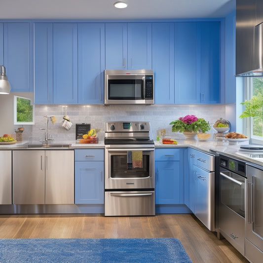A bright, modern kitchen with sleek countertops and a large, wall-mounted digital display showcasing a tidy recipe organization system, surrounded by matching stainless steel appliances and utensil holders.