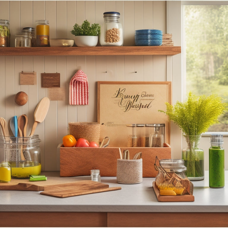 A tidy kitchen counter with a few neatly organized jars, a small wooden utensil holder, and a few sheets of colorful printables pinned to a corkboard, with a few pens and pencils scattered around.