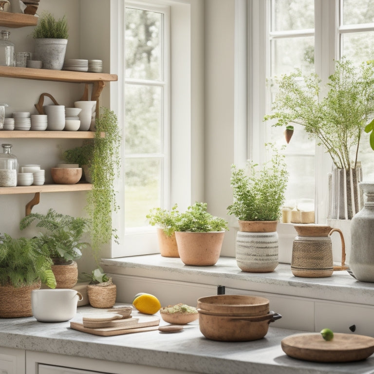 A bright, modern kitchen with rustic wooden shelves, adorned with potted greenery, vintage cookbooks, and ceramic vases, against a crisp white wall, with warm natural light spilling from the window.