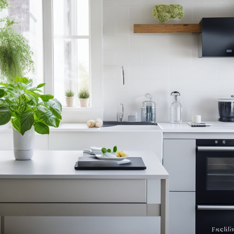 A minimalist kitchen counter with a few sleek, modern appliances, surrounded by neatly organized digital kitchen templates on a tablet, with a few fresh herbs and a small vase in the background.