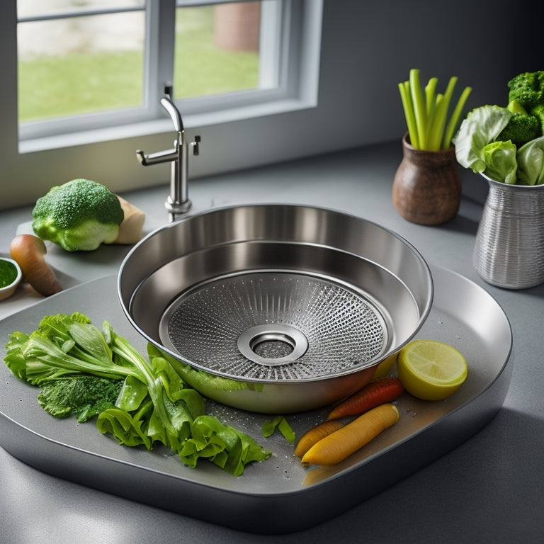 A sleek, modern kitchen sink with a Ruvati stainless steel sink strainer in place, surrounded by shiny utensils and a few fresh vegetables, with a subtle water droplet effect on the surface.