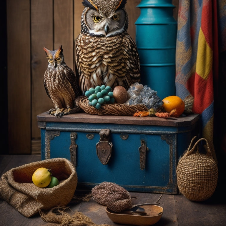 A vibrant and eclectic still life featuring a distressed wooden crate overflowing with unusual treasures: a vintage taxidermy owl, a crystal cluster, and a woven African basket, set against a warm, rustic background.