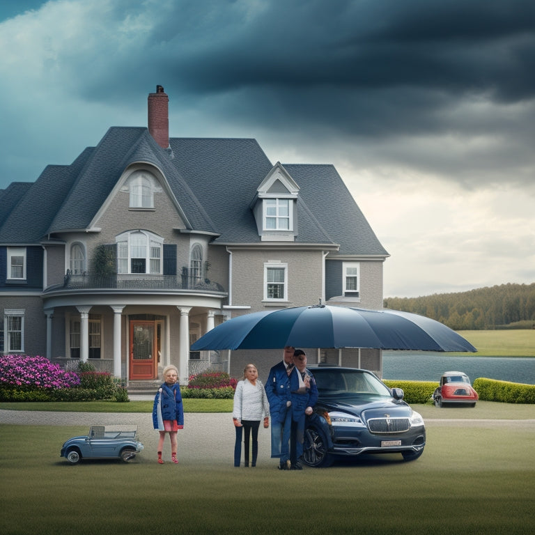 An illustration of a serene family surrounded by shields, with a house in the background, a car in the foreground, and a subtle hint of a umbrella protecting them from a stormy sky.