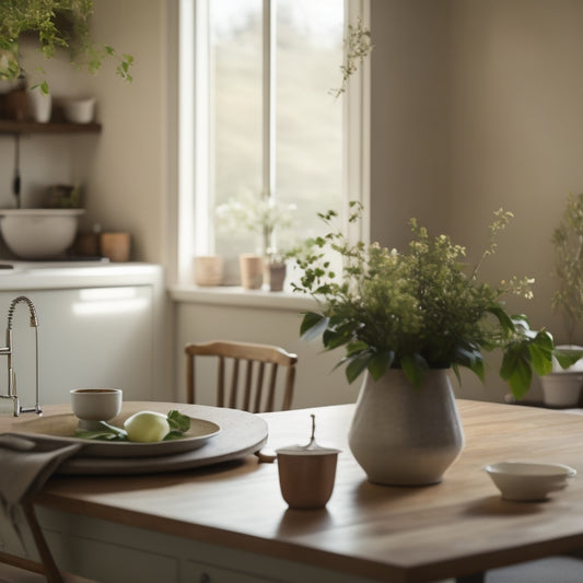 A serene kitchen with a decluttered island, a few potted green plants, and a vase with fresh flowers on a minimalist wooden table, surrounded by soft natural light and a warm beige color scheme.
