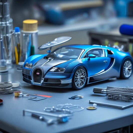 A sleek, silver Bugatti Veyron with interchangeable, colorful body panels and wheels, surrounded by miniature tools, paint swatches, and intricate mechanical parts on a polished, black workbench.