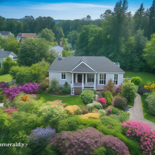 An aerial view of a sold home with a "SOLD" sign, surrounded by lush greenery and vibrant flowers, with a subtle cityscape in the background, conveying a sense of success and prosperity.