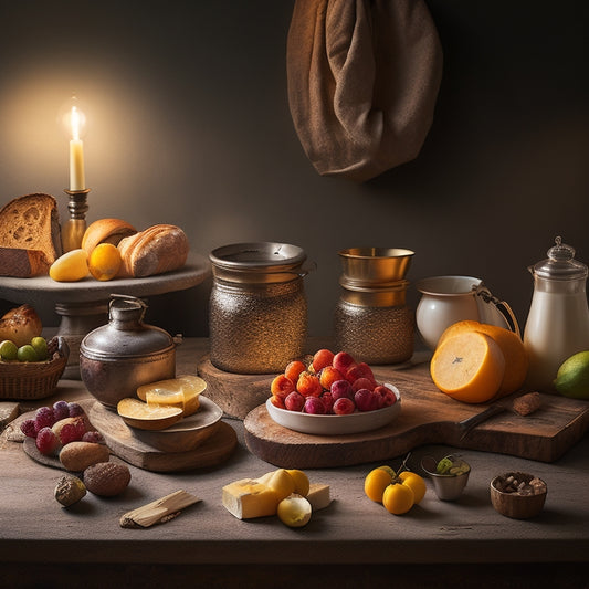 A warm, golden-lit studio setup with a rustic wooden table, adorned with a perfectly styled still life of fresh fruits, cheeses, and artisanal bread, surrounded by softbox lights and reflectors.