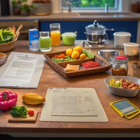 A cluttered kitchen counter with expired food, scattered papers, and a worn-out clipboard, juxtaposed with a tidy digital tablet displaying a organized kitchen inventory dashboard.