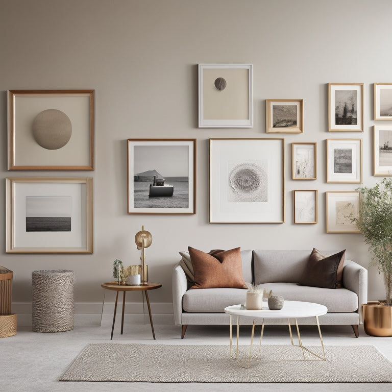 A chic, minimalist living room with a neutral-colored wall featuring a curated mix of 7-10 framed art pieces in various shapes, sizes, and styles, arranged in a visually appealing collage.