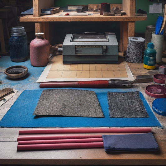 A cluttered, well-lit workshop table with various linocut printing tools scattered around, including a handheld gouge, a brayer, and a linoleum block, surrounded by sheets of textured paper and ink-stained rags.