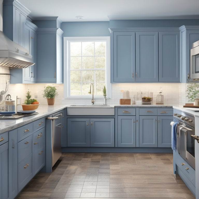 A bright, modern kitchen with refinished cabinets in a soft blue-gray hue, adorned with new hardware and subtle crown molding, surrounded by gleaming appliances and a warm, natural light.