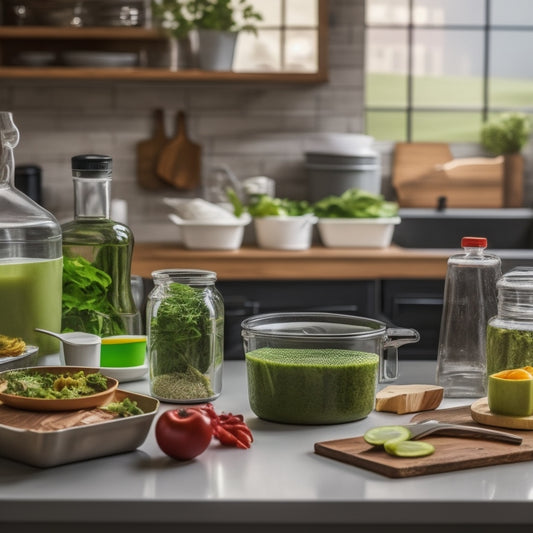 A cluttered kitchen counter with expired food, dirty dishes, and a broken blender, contrasted with a tidy background featuring a single, organized meal prep container and a fresh, green herb.