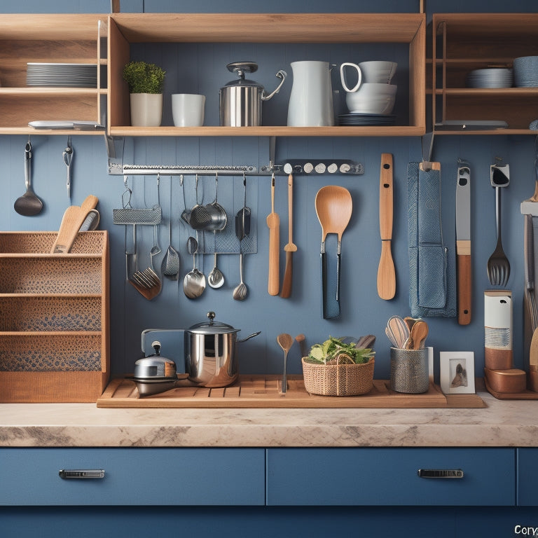 A tidy kitchen counter with a wooden utensil organizer, holding a dozen utensils in separate compartments, alongside a drawer with dividers and a pegboard on the wall with hooks.