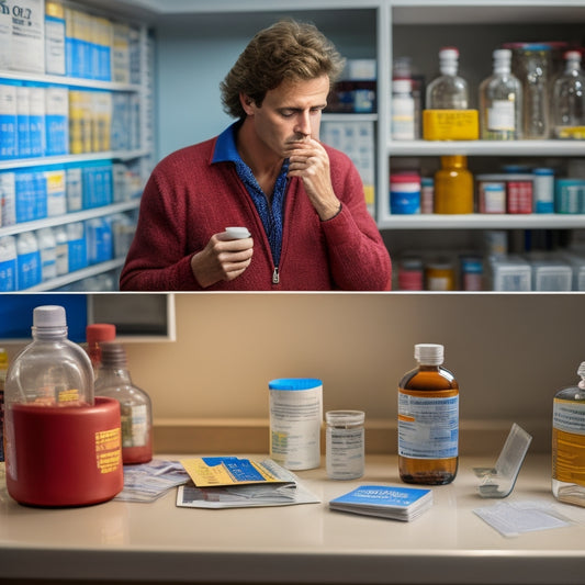 A split-screen image with a puzzled person surrounded by scattered prescription bottles and a wallet with a torn discount card on one side, and a clear, organized medicine cabinet with a intact discount card on the other.