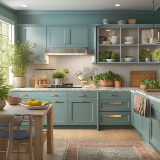 A serene, well-lit kitchen with sleek, handle-free cabinets, and a central island with built-in drawers, showcasing a few, thoughtfully arranged cookbooks and a small, potted herb plant.