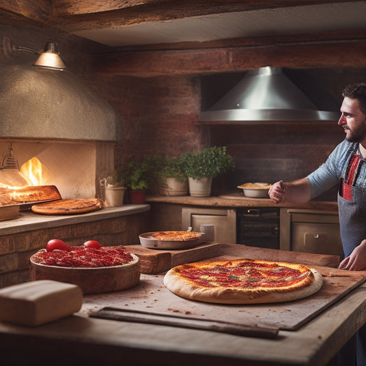 A warm, inviting pizzeria interior with a chef expertly tossing dough, a brick oven in the background, and a few perfectly placed pizza peels and utensils on a wooden counter.