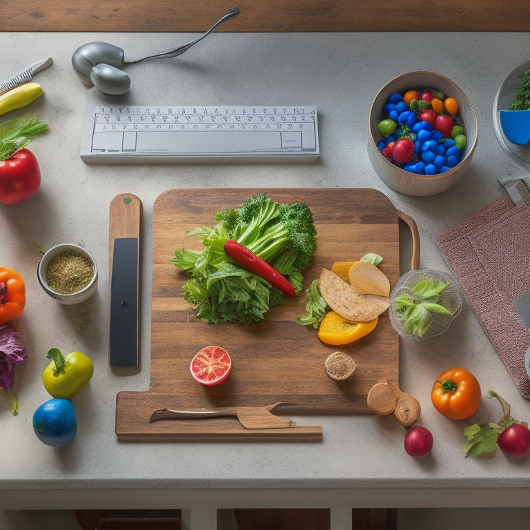 A kitchen countertop with a wooden cutting board, a basket of fresh vegetables, a meal planning calendar, and a few cookbooks, surrounded by utensils and a laptop open to a meal planning app.