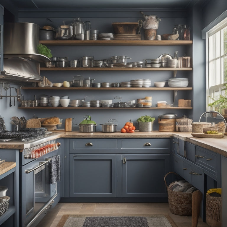 A cluttered small kitchen with open shelves, countertops, and floors overflowing with cookware, utensils, and food items, contrasting with a tidy, organized kitchen in the background featuring custom cabinetry and sleek drawers.