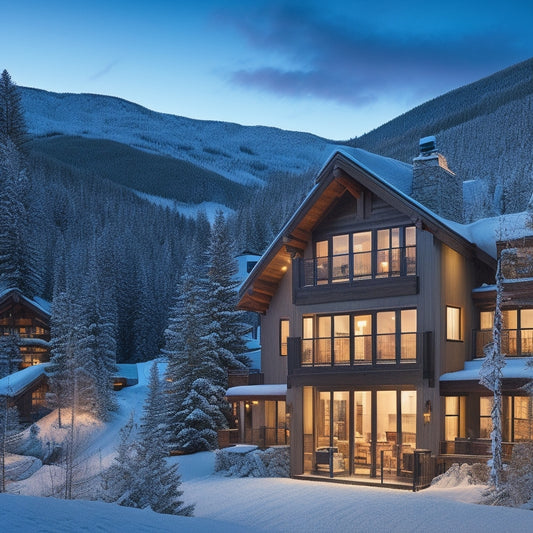 A snow-capped mountain resort townhome with floor-to-ceiling windows, wooden accents, and a private balcony overlooking the Aspen ski slopes at dusk, with snowflakes gently falling.