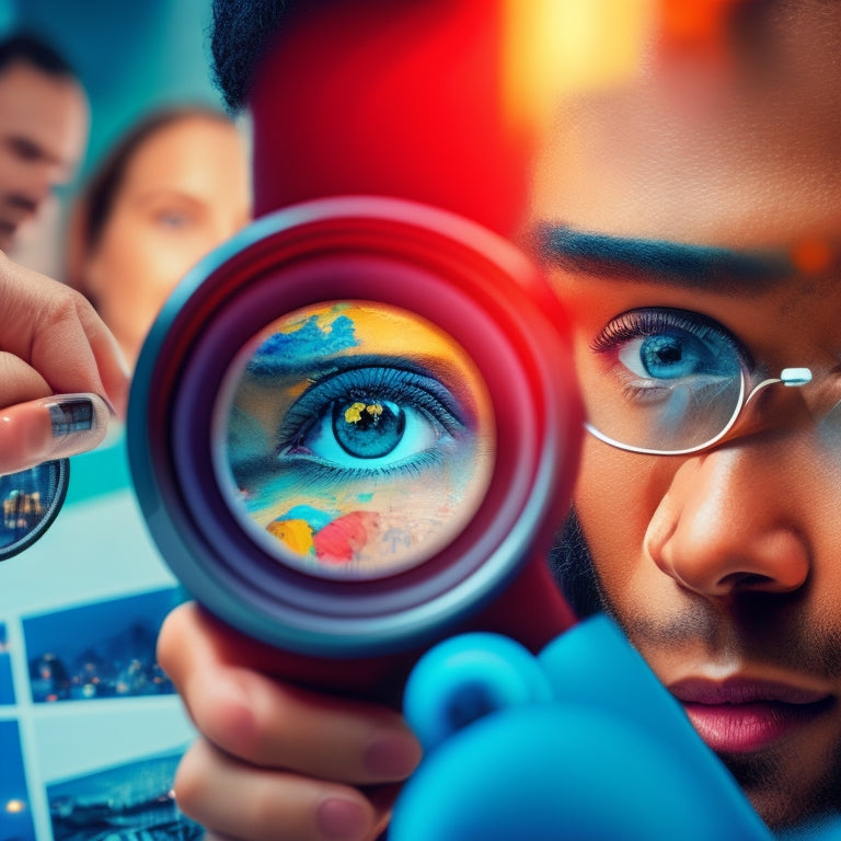 An illustration of a magnifying glass zooming in on a customer's face, with puzzle pieces fitting together in the background, surrounded by marketing tools and strategy boards.