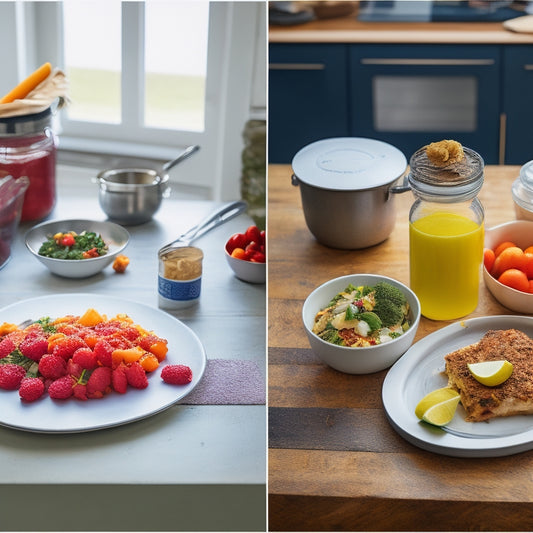 A split-screen image featuring a cluttered kitchen countertop with scattered recipe cards and a laptop in the background, versus a tidy digital recipe book on a tablet with utensils and ingredients organized around it.